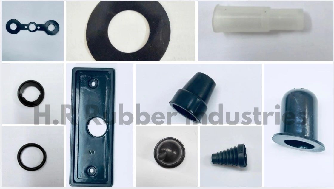 Various black and white rubber parts and gaskets displayed on a white background.