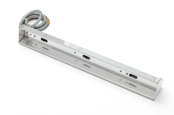 Stainless steel mounting bracket with attached flexible conduit.