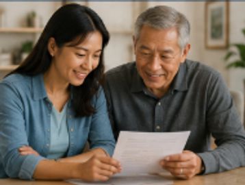 Two people reading a document together with smiles.