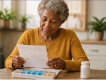 Elderly woman reading medication instructions.