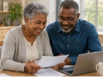 Elderly couple reviewing documents together.