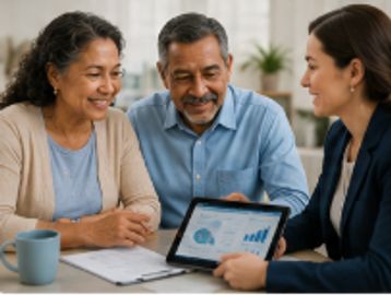 Couple discussing financial data with advisor.