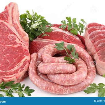 Various raw meats and sausages garnished with parsley on a white background.