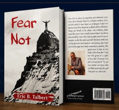 Book titled Fear Not by Eric B. Talbert with mountain cover.