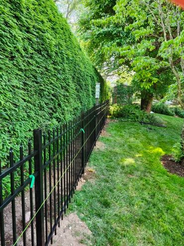 Spear top aluminum ornamental fence in a yard. 