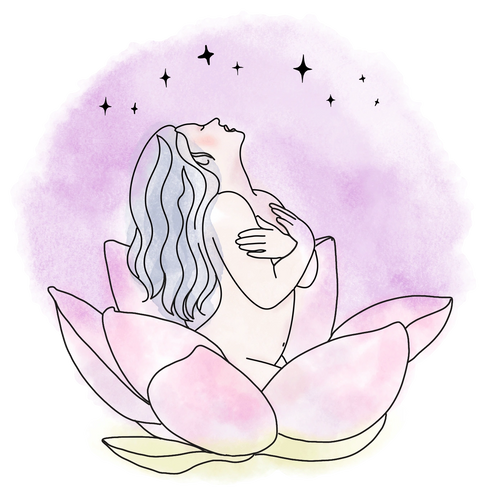 a woman emerging from a lotus blossom gazing at the stars