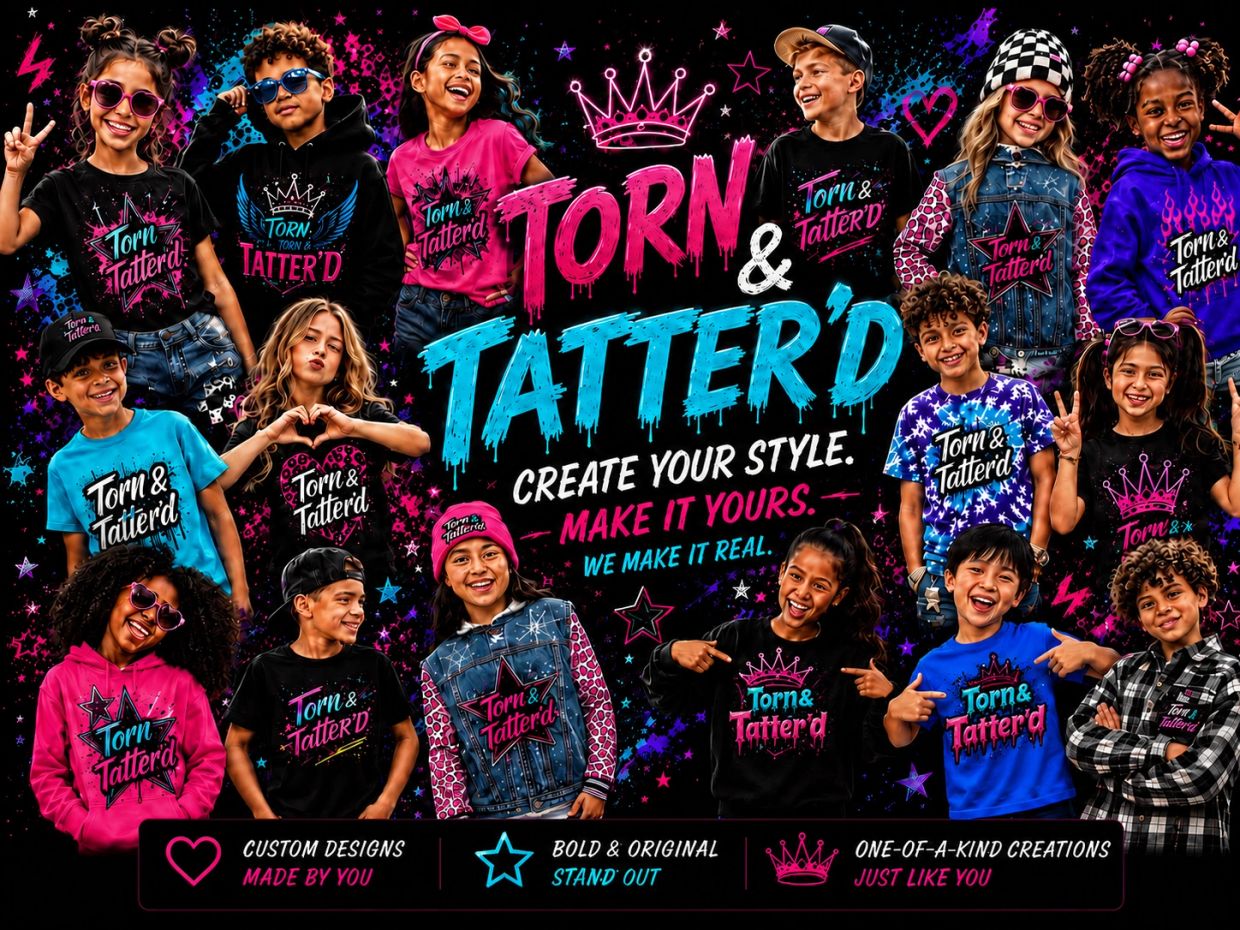 Group of kids wearing colorful Torn &amp; Tatter'd apparel with vibrant designs.