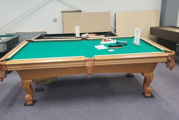Pool table with rack, brush, balls and cues
