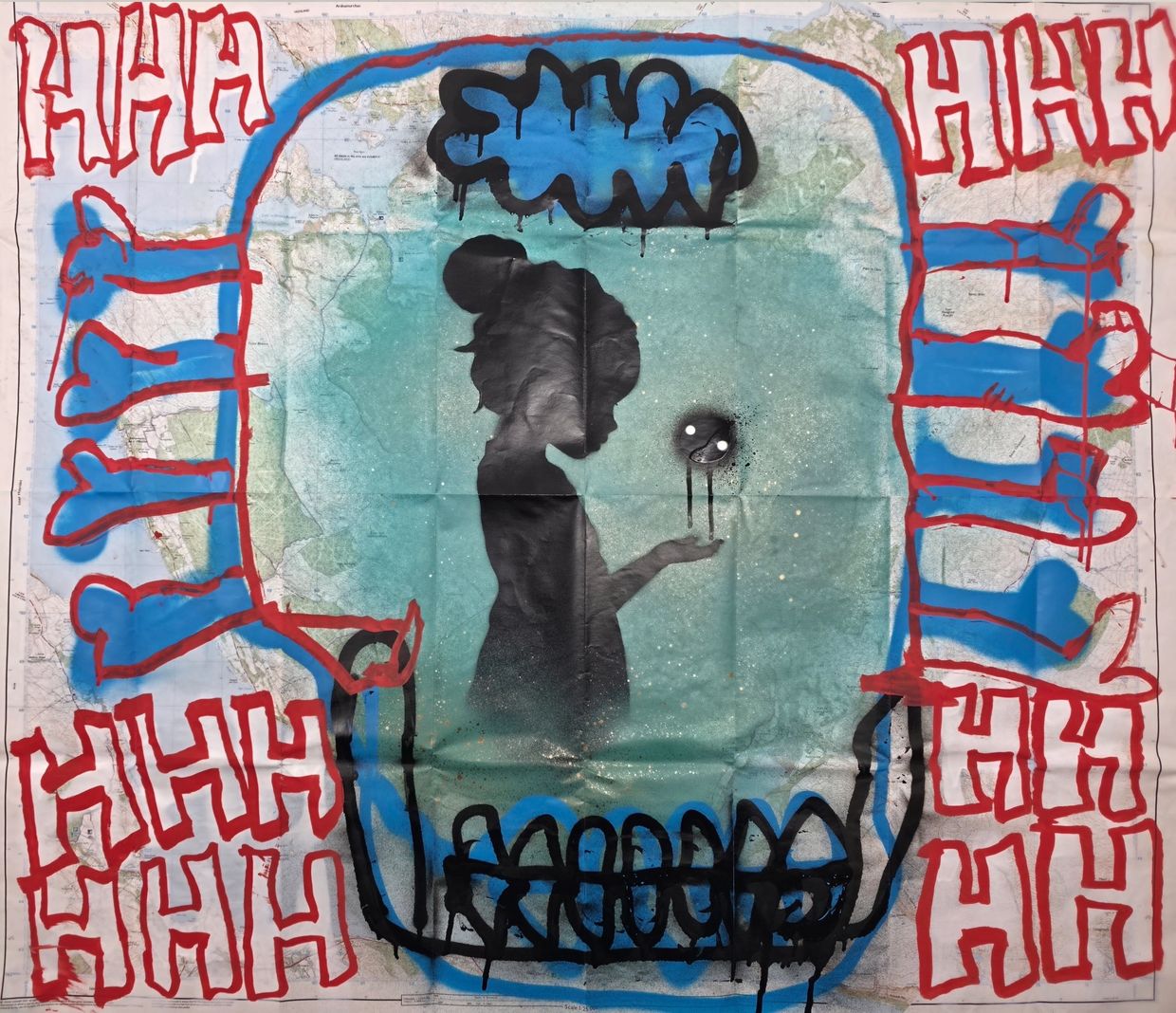 Graffiti silhouette of girl inside a skull with colorful outlines and text.