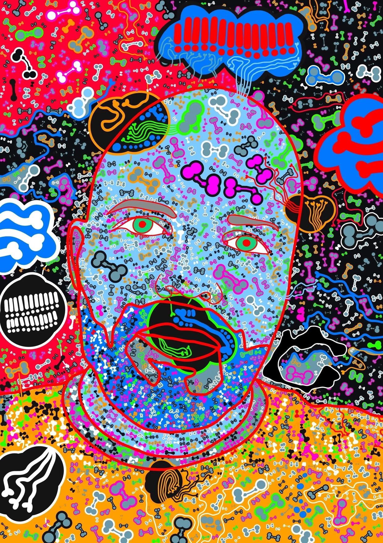 Colorful abstract portrait with complex patterns and symbols.