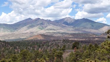Mountain range with forest and cloudy sky.