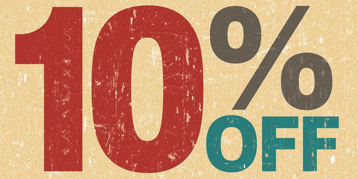 Vintage-style sign showing 10% off discount.