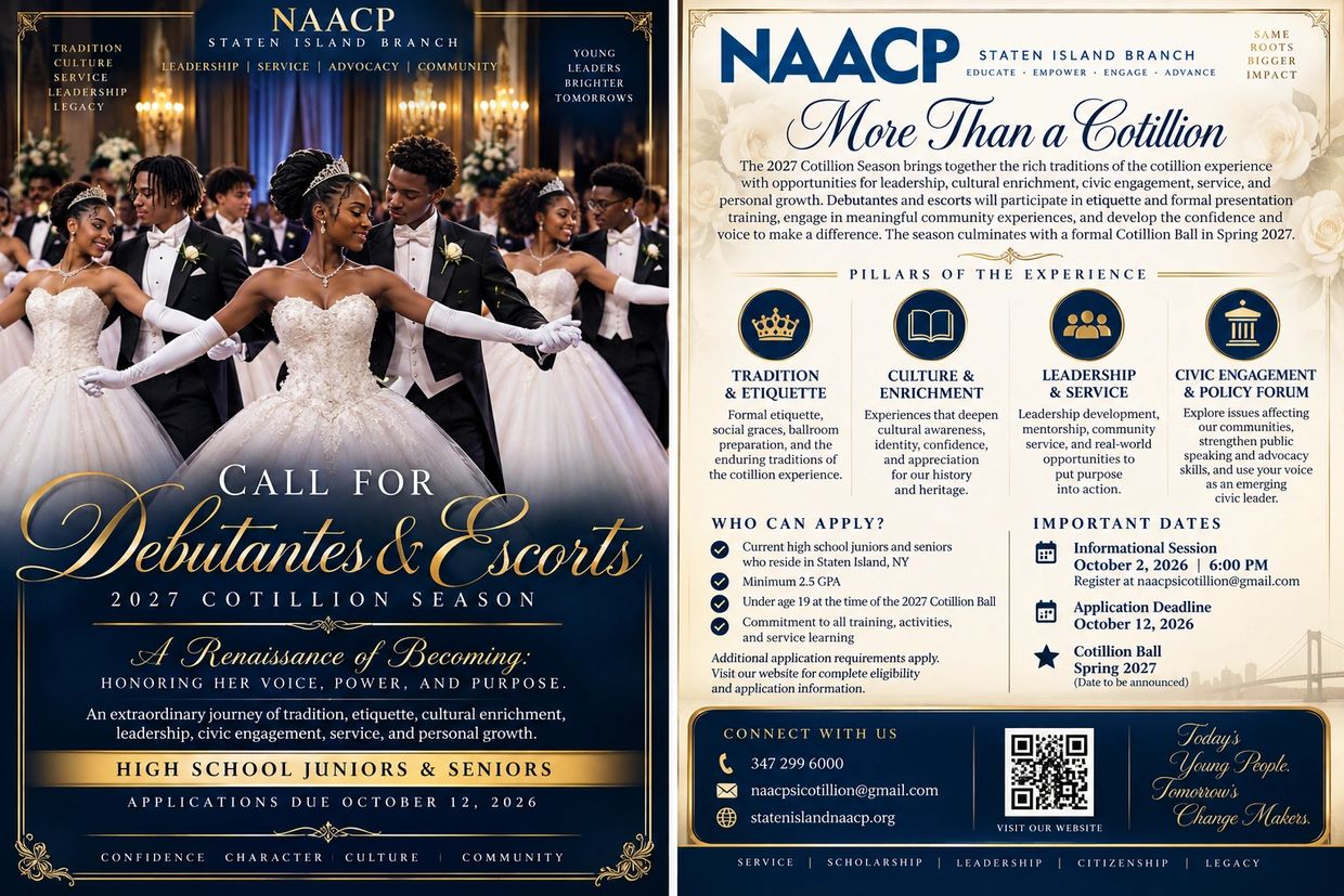 NAACP Staten Island Cotillion call for debutantes and escorts in 2027.