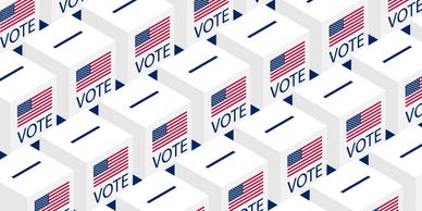Multiple white ballot boxes with American flags and 'VOTE' text.