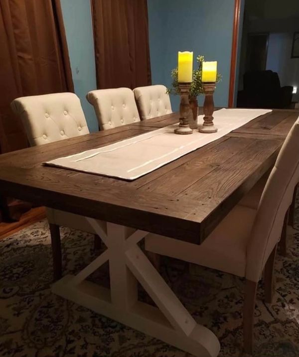 Custom design dining table with rustic finish.