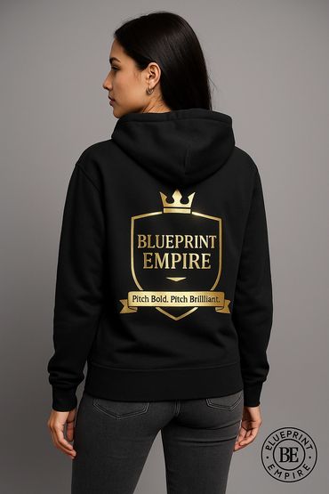 Black luxury hoodie with gold blueprint empire logo on the back featuring a crown emblem.
