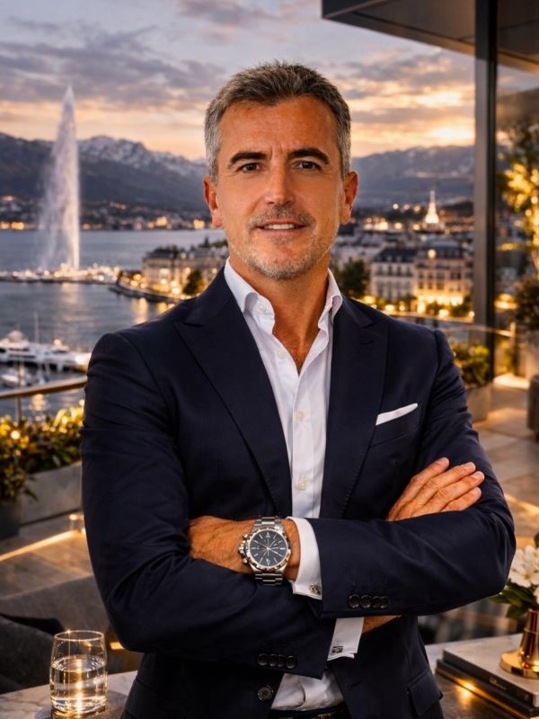 Hombre con traje oscuro y reloj, frente a un paisaje de ciudad al atardecer.