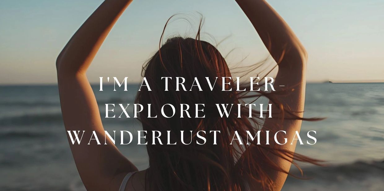 Woman enjoying a sunset by the ocean with travel-inspired text overlay. Curated trips for women.
