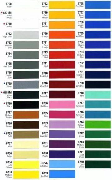 A color swatch chart featuring various shades of white, gray, black, yellow, red, blue, and green.
