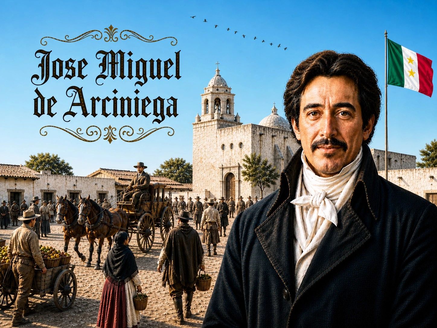 Portrait of Jose Miguel de Arciniega with a historical town scene and Mexican flag.
