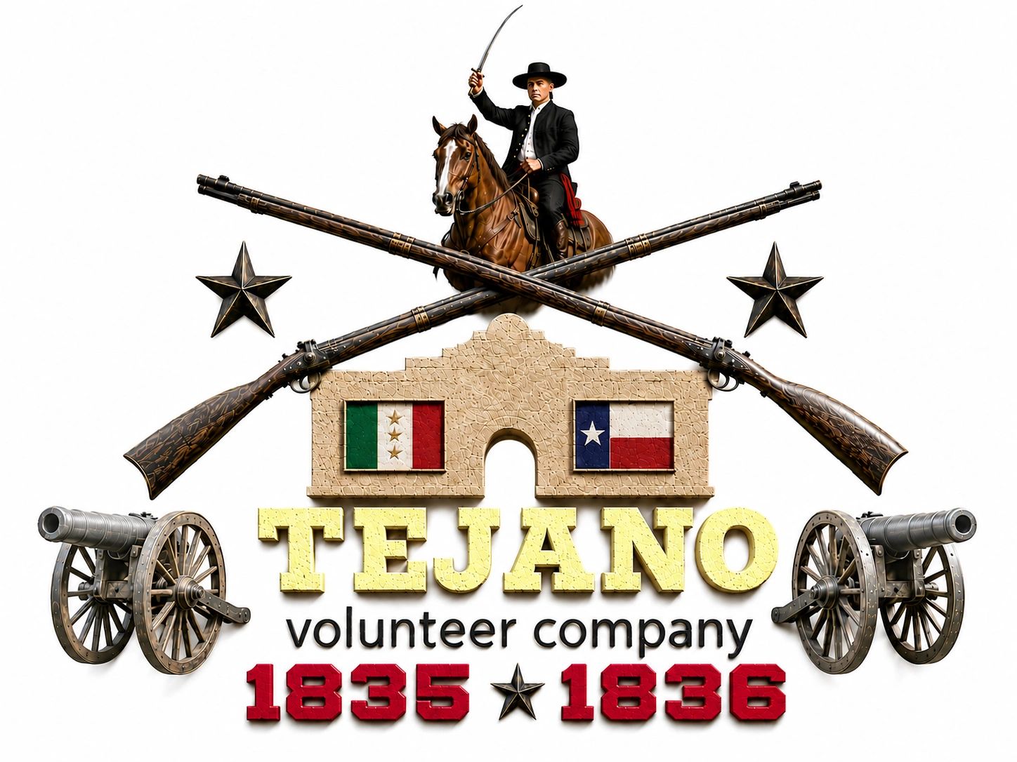 Historical emblem of the Tejano Volunteer Company with flags, rifles, cannons, and a mounted soldier.