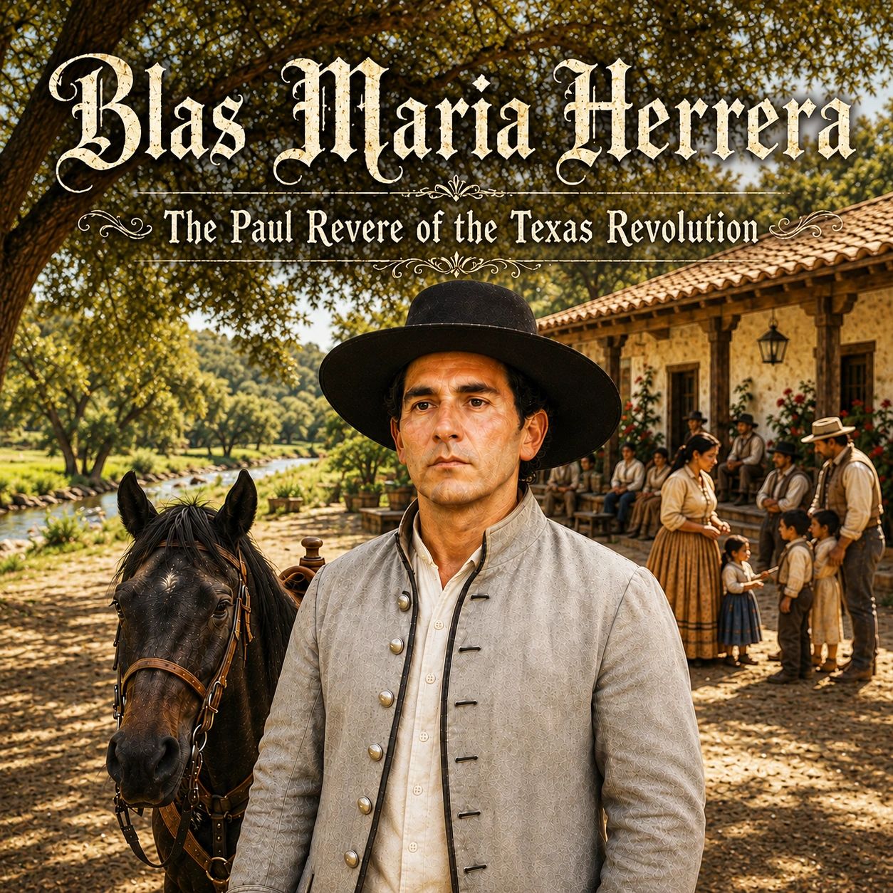 Portrait of Blas Maria Herrera with horse and family in historical setting.