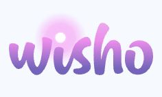 Logo saying 'wisho' in purple gradient.