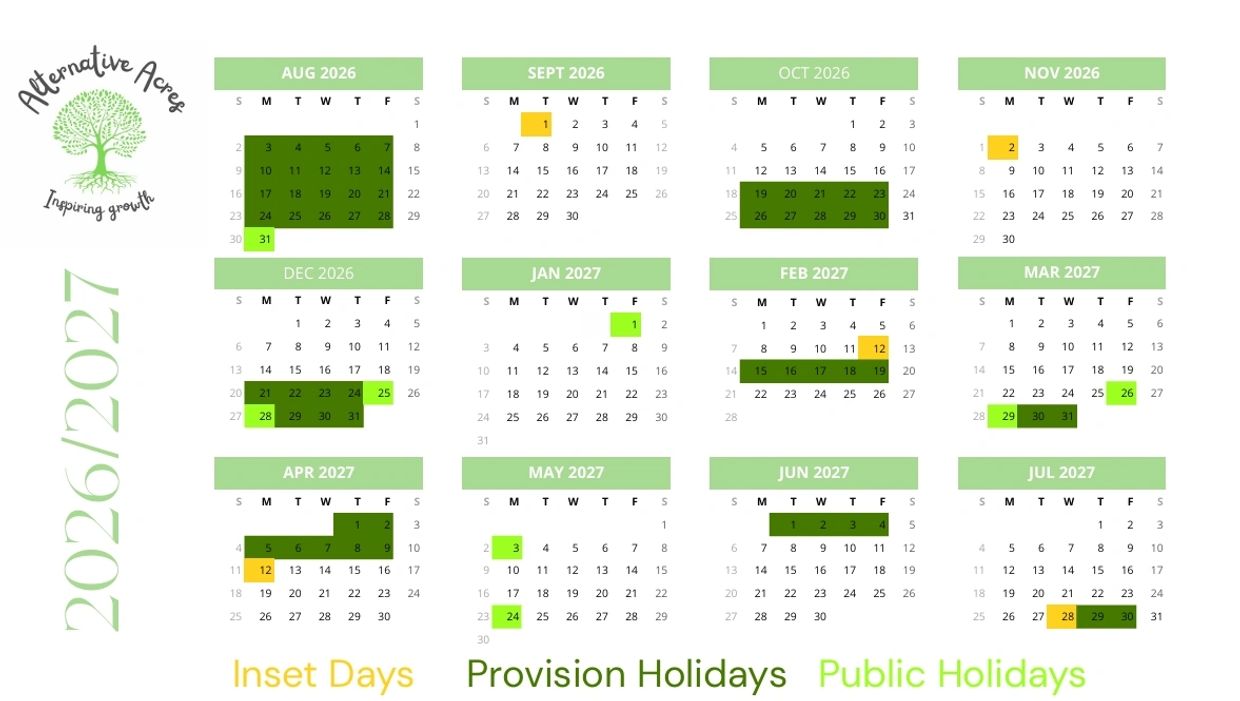 Calendar for Aug 2026 to Jul 2027 with provision, public, and inset holidays.