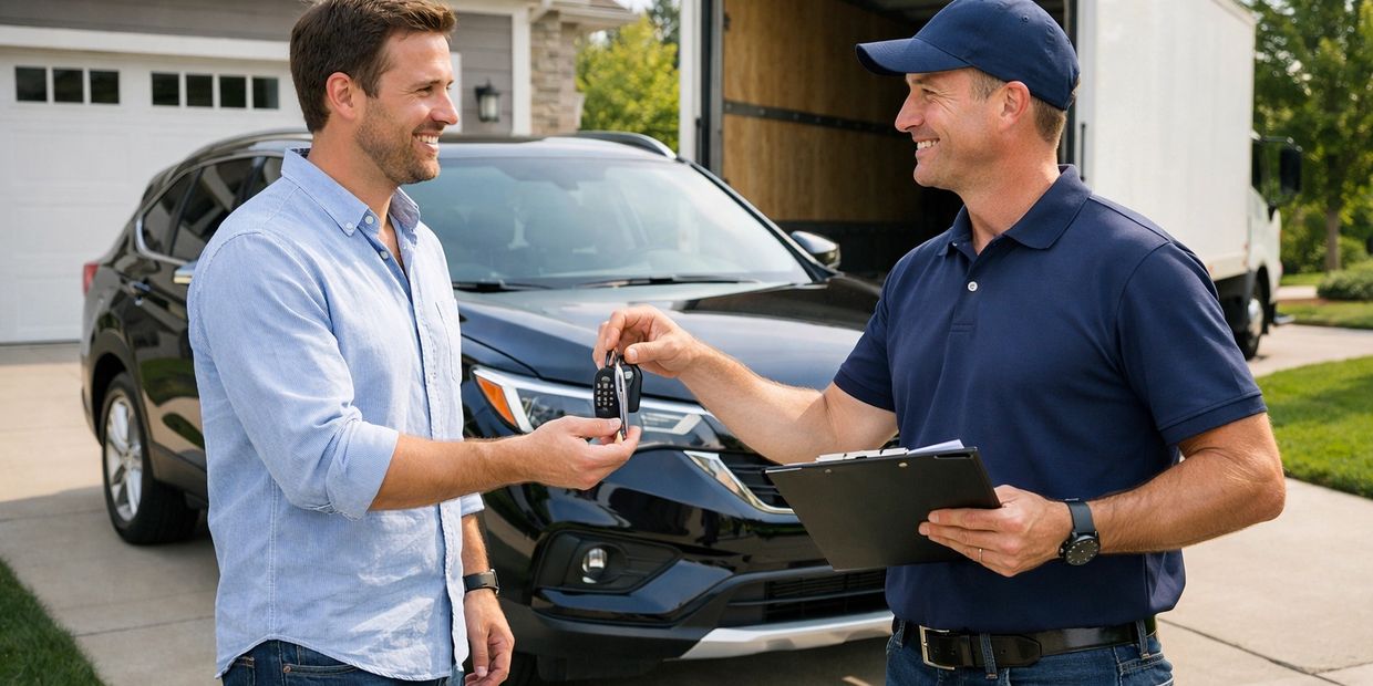 Man receiving car keys from delivery person in front of a black SUV.