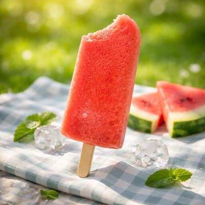 Watermelon popsicle with a bite, ice cubes, and watermelon slices on a checkered cloth.