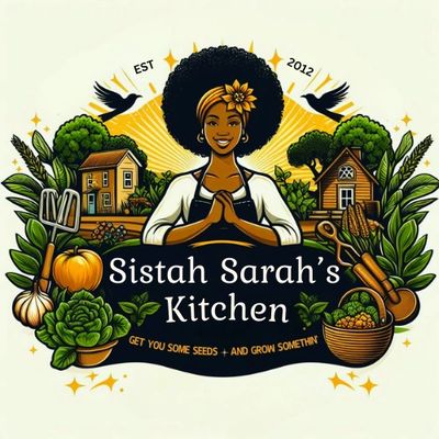 Logo for Sistah Sarah's Kitchen with a woman, garden, and harvest theme.