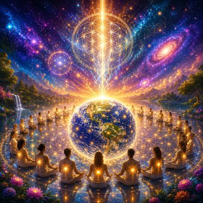 People meditate in a cosmic circle around Earth with glowing energy.