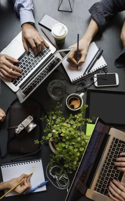 People collaborating with laptops, notebooks, and coffee around a table with a plant centerpiece.