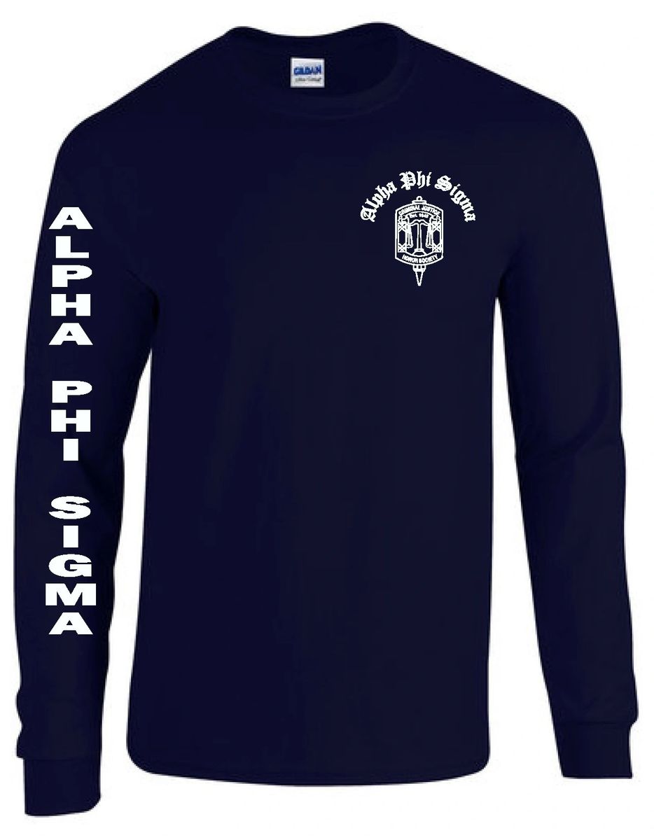 Alpha Phi Sigma Long Sleeve T Shirt with Printed Sleeve Navy