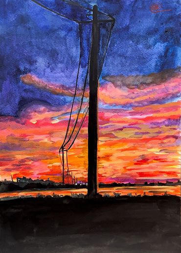 Jersey Sunset, Watercolor, 9 in x 12 in, 2020