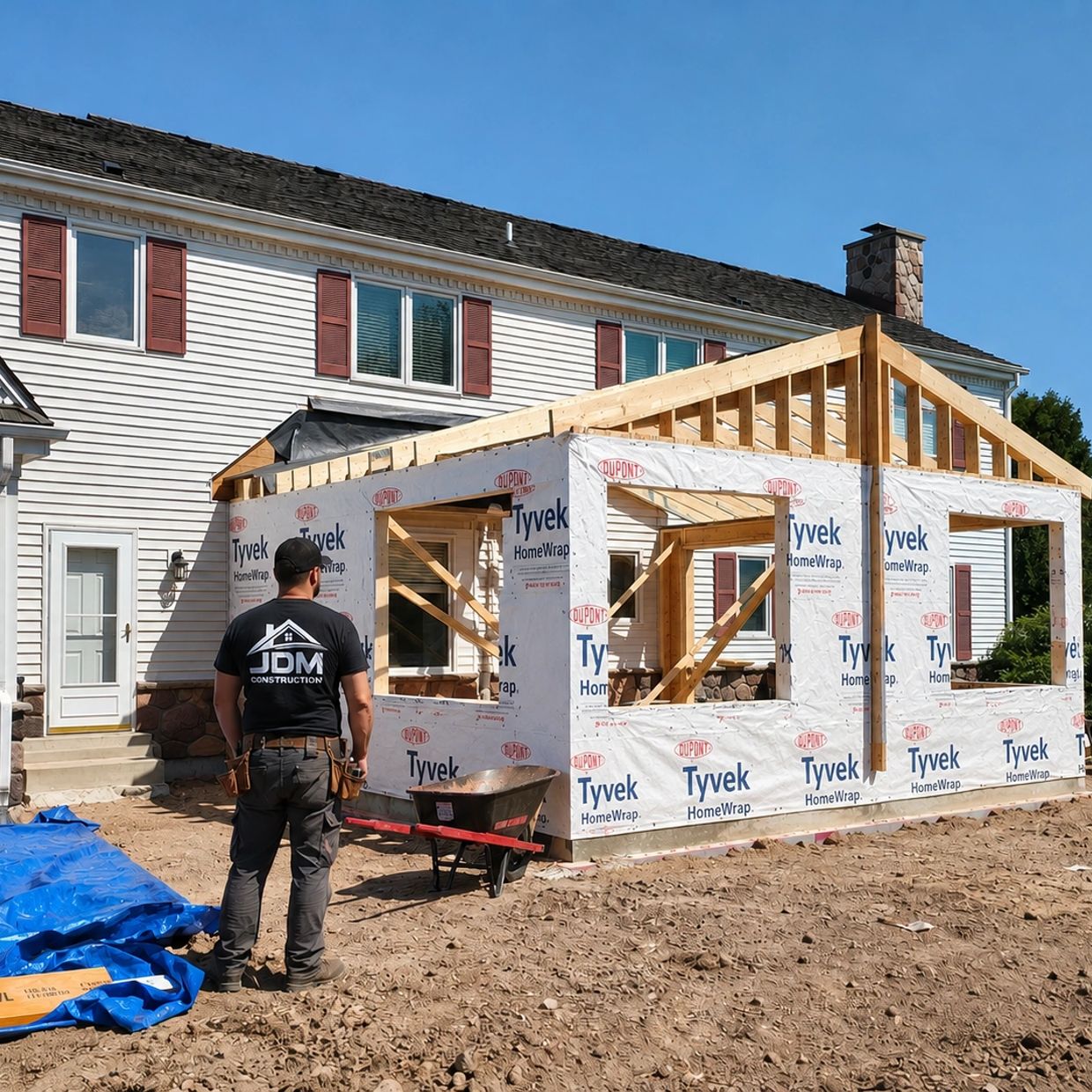 Construction worker overseeing house extension framing wrapped in Tyvek HomeWrap.