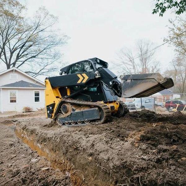 Compact skid-steer loader working on a muddy construction site near houses.