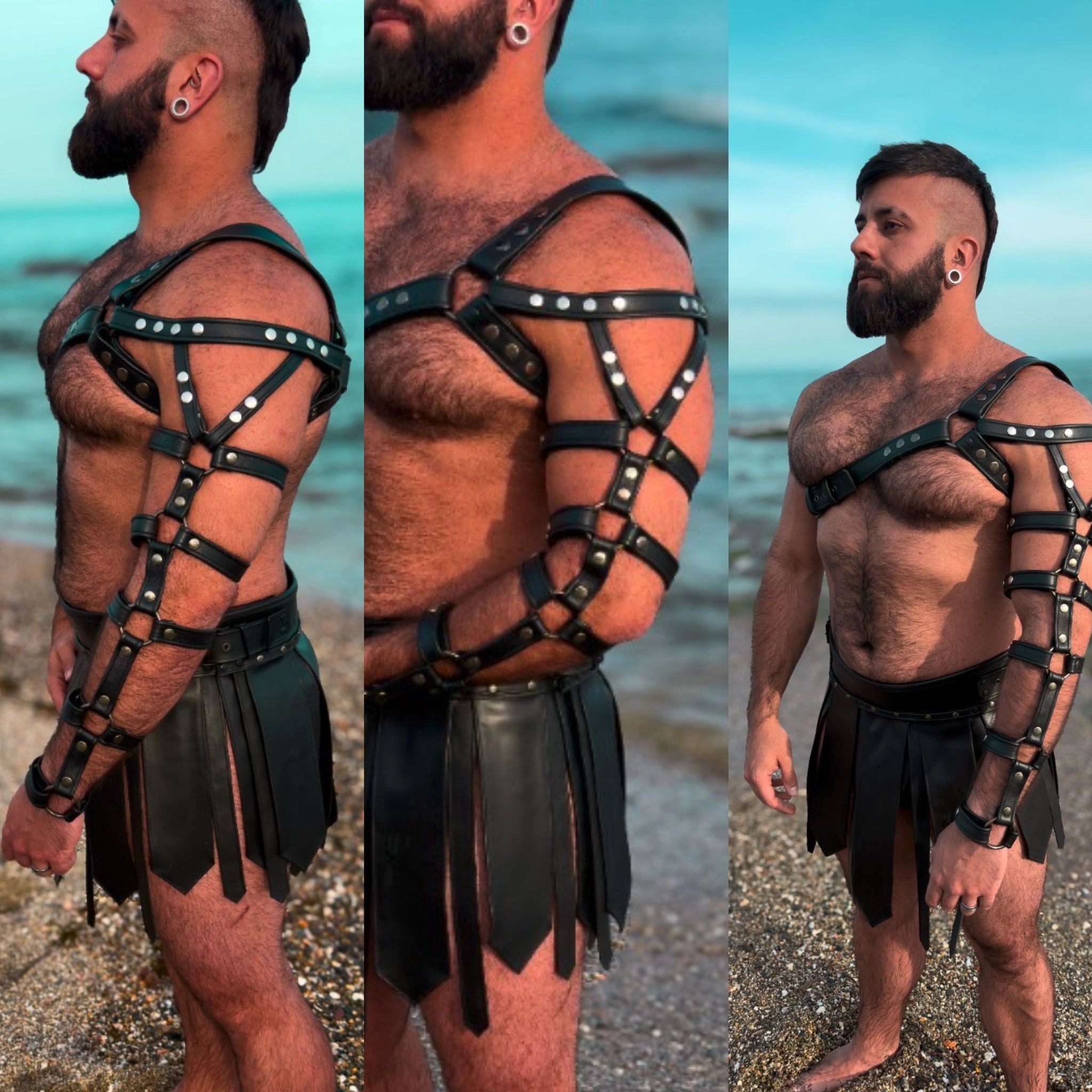 Black leather gay fetish gladiator outfit with full arm harness and kilt on beach