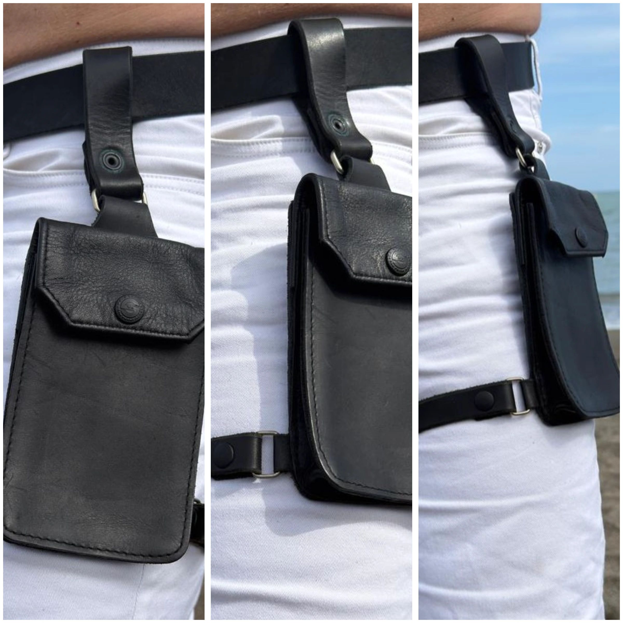 Bolso negro de cuero sujeto al cinturón negro sobre pantalones blancos.