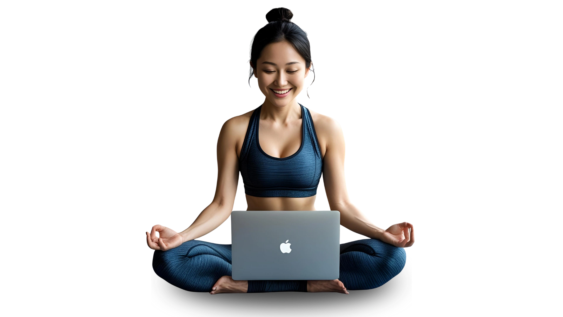 Smiling woman in workout clothes meditating with laptop on her lap.