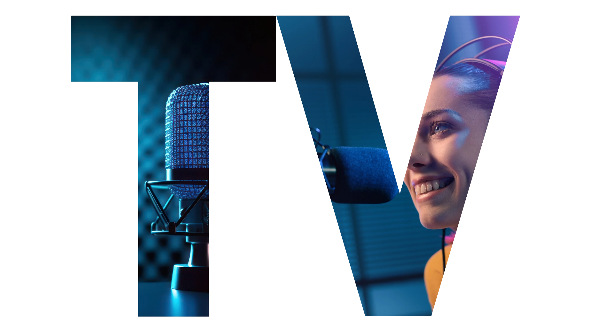 TV letters with a microphone and a smiling woman in a recording studio.