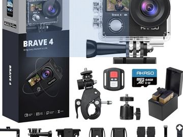 Action camera kit with accessories and remote control.