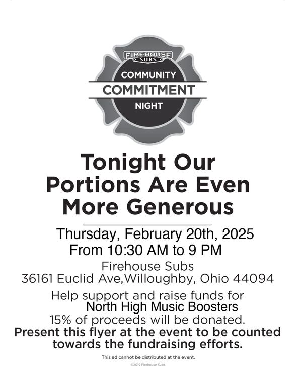 Firehouse Subs fundraiser night supporting North High Music Boosters on February 20, 2025.