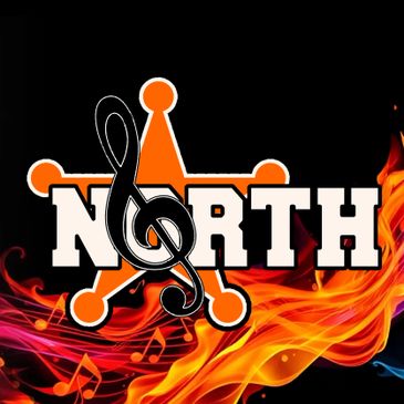 A vibrant logo with the word NORTH and a musical treble clef over a sheriff star against fiery flames.