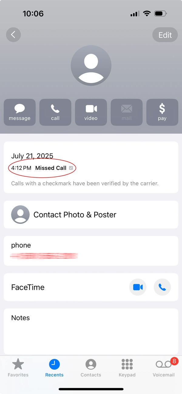 Missed call at 4:12 PM on July 21, 2025.