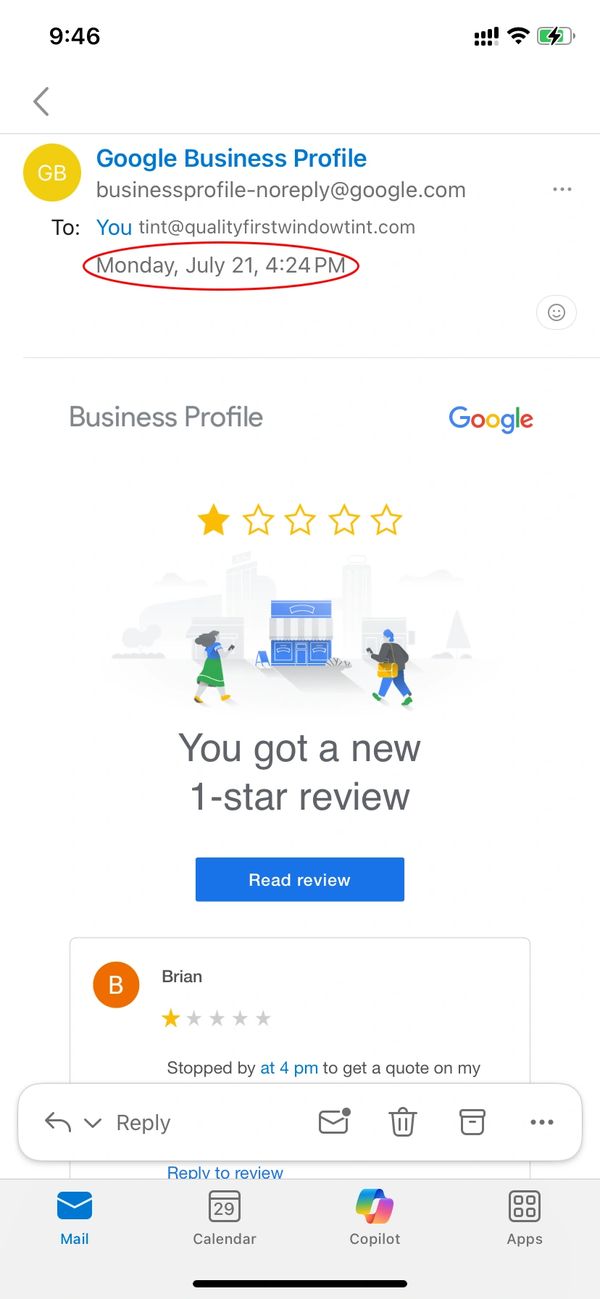 Email notifying a one-star Google Business Profile review.