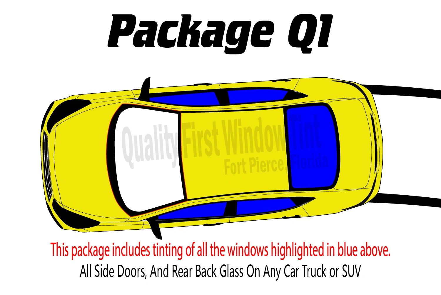 Illustration for Package Q1: Includes full vehicle window tinting except for the front windshield.
