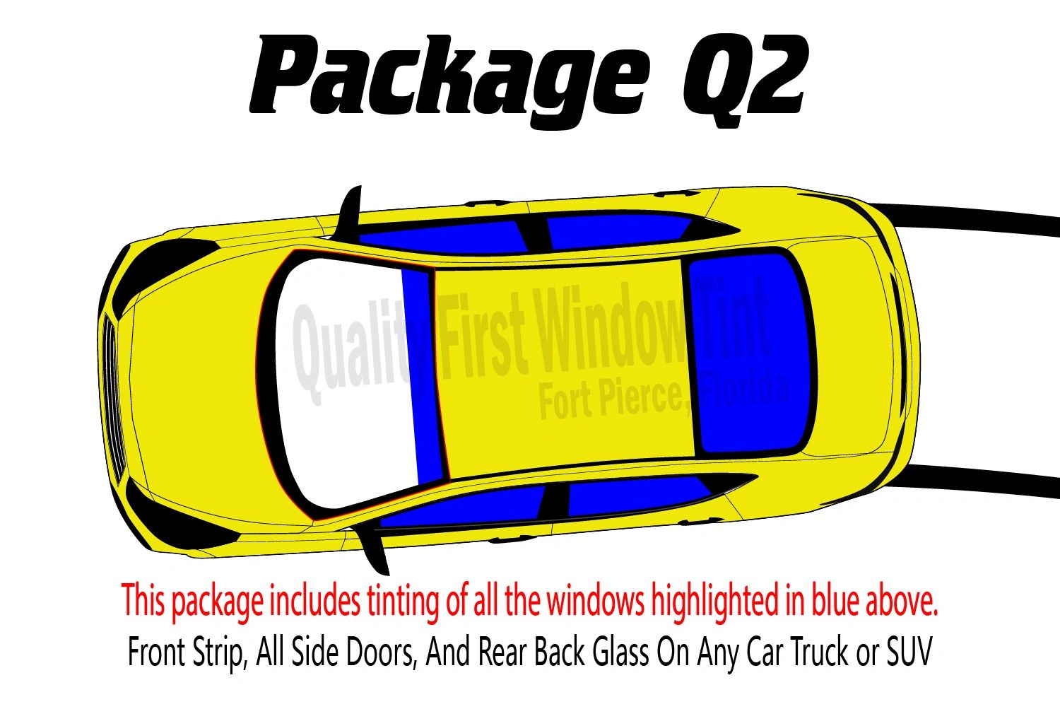 Illustration for Package Q2: Includes full vehicle window tinting with a sun strip on the windshield
