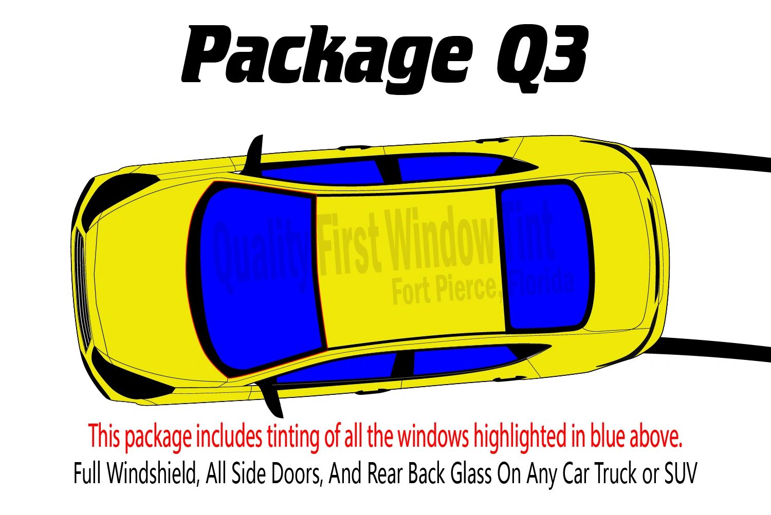 Illustration for Package Q3: Includes full vehicle window tinting including front windshield.
