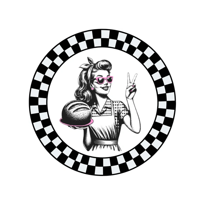 Vintage woman with pink glasses holding bread and making a peace sign.